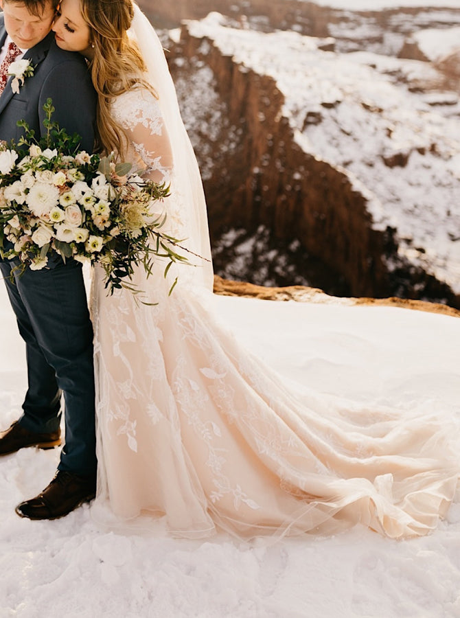green emerald velvet dress Modest Fit and Flare Wedding Dress,Long Sleeve Ivory Over Champagne Bridal Gown,WD00930, US24W / White main image 0