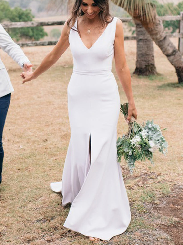 Sheath V-neck Wedding Dress With Split Front,Casual Sleeveless Bridal  Dress,WD00936