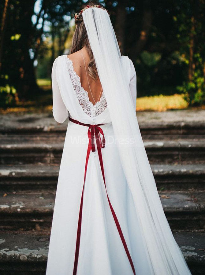 Summer Wedding Dresses with Long Sleeves,Chiffon Long Bridal Dress,WD00318, US12 / Champagne