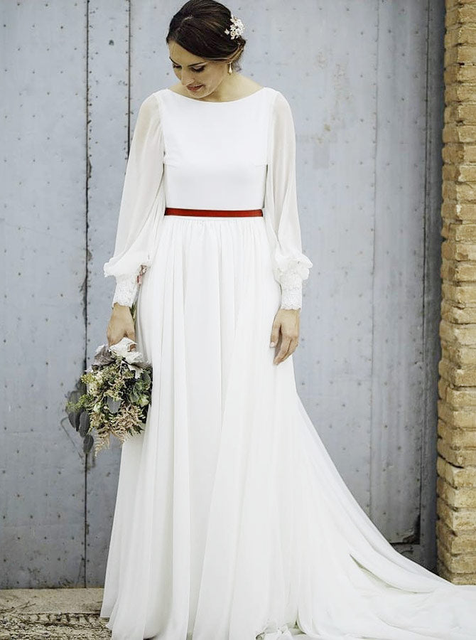 Summer Wedding Dresses with Long Sleeves,Chiffon Long Bridal Dress,WD00318, US12 / Champagne