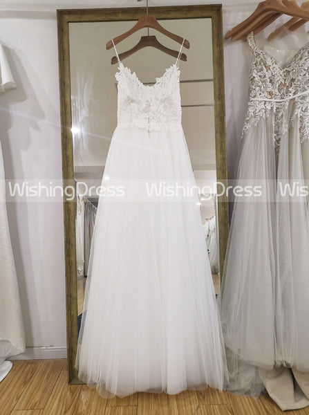 Tulle Wedding Dress with Spaghetti Straps,Floor Length Beach Wedding Dress,WD00454