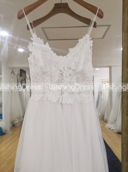 Tulle Wedding Dress with Spaghetti Straps,Floor Length Beach Wedding Dress,WD00454