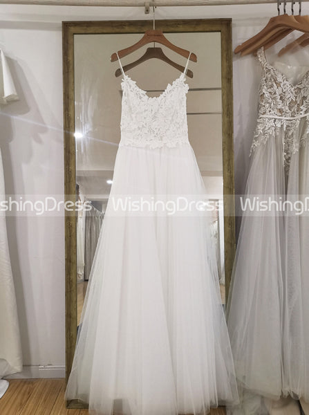 Tulle Wedding Dress with Spaghetti Straps,Floor Length Beach Wedding Dress,WD00454