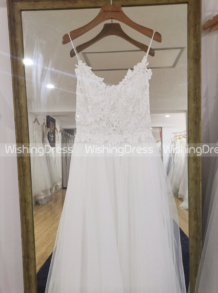 Tulle Wedding Dress with Spaghetti Straps,Floor Length Beach Wedding Dress,WD00454