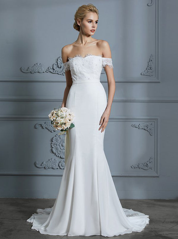 modest off the shoulder wedding dress Modest Off The Shoulder Wedding Dress A Line Lace... From Crown2014, $145.23