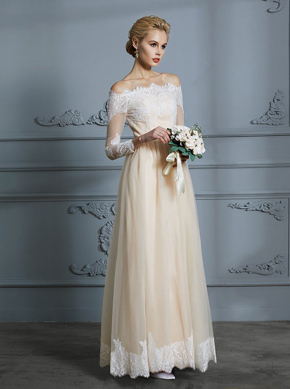 Vintage Wedding Dress Boho Bridal Dress with Sleeves Off the Shoulder Wishingdress