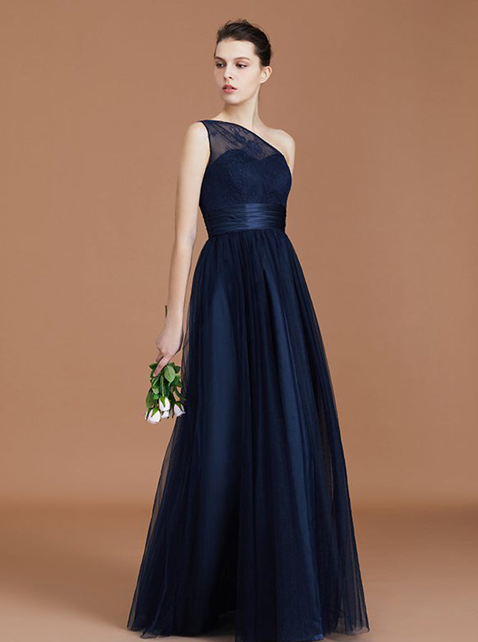 One Shoulder Bridesmaid Dress,Dark Navy Bridesmaid Dress,Long Bridesmaid Dress,BD00221
