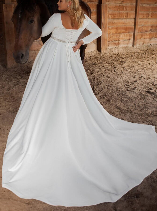 Plus Size Modest Satin Wedding Dress,Long Sleeves Wedding Gown with Corset Back,WD00669, US16W / White Plus Size Modest Satin Wedding Dress,Long Sleeves Wedding Gown with Corset Back,WD00669, US16W / White