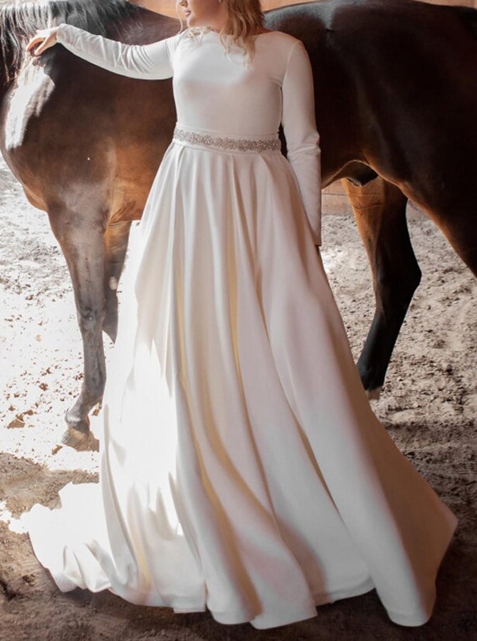 Plus Size Modest Satin Wedding Dress,Long Sleeves Wedding Gown with Corset Back,WD00669, US16W / White Plus Size Modest Satin Wedding Dress,Long Sleeves Wedding Gown with Corset Back,WD00669, US16W / White