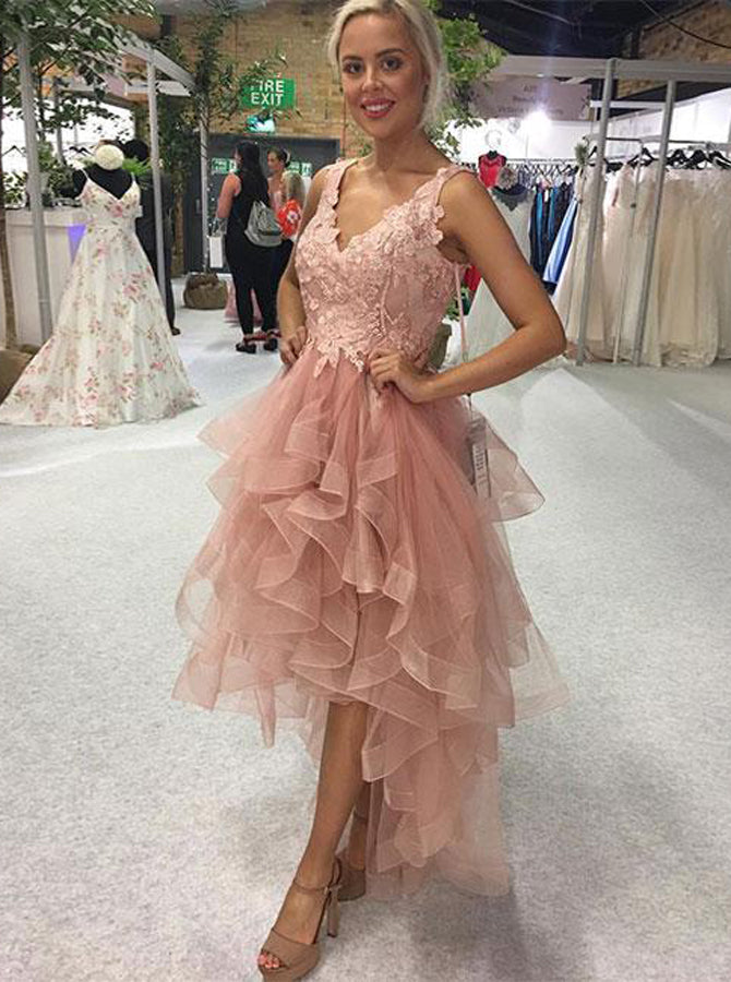 Pink Boho Hoco Dress Pink Homecoming Dress,High Low Homecoming