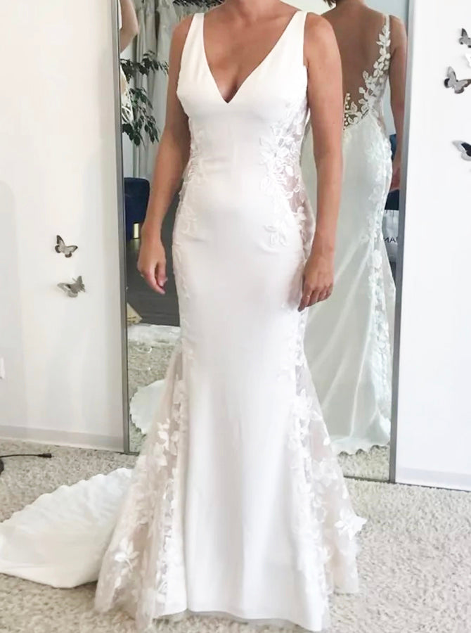 Fit and Flare Bridal Dress,V-Neck Wedding Dress with Lace Paneling,WD00754, US24W / Ivory
