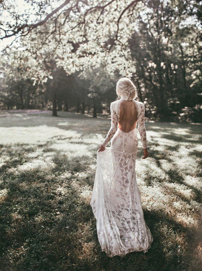 knee length dresses for ladies Long Sleeves Embroidered Wedding Gown Nox Anabel JE1009L White / Nude / 6 main image 1
