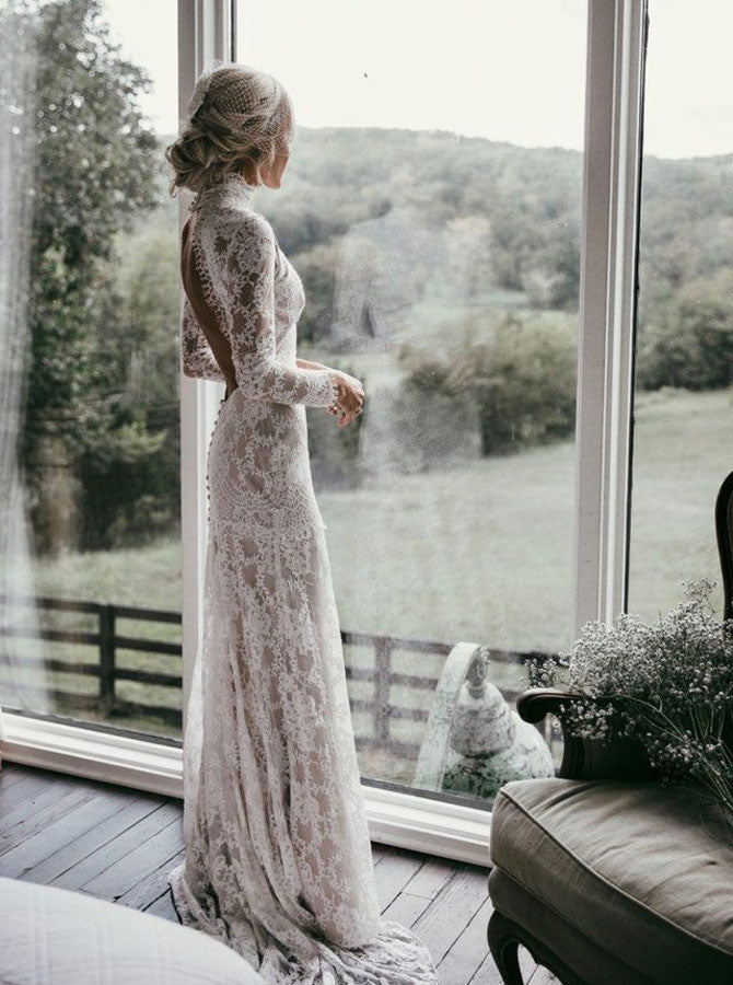 chinese dress ladies Lace Mermaid Wedding Dresses with Long Sleeves,Chic Bridal Dress,WD00341, US10 / White