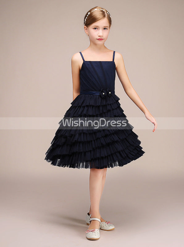Dark Navy Junior Bridesmaid Dresses,Tulle Ruffled Junior