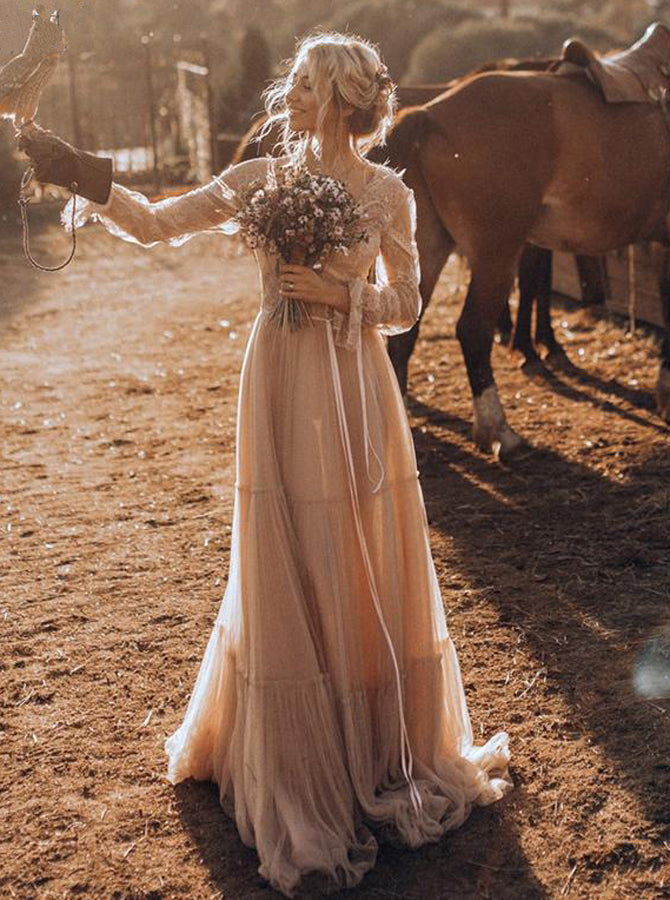 Boho Lace Wedding Dress Long Sleeves Destination Wedding Dress
