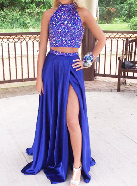 Red Two Piece Prom Dress,Satin Floor Length Evening Dress,Prom Dress with Slit PD00078