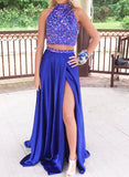 Red Two Piece Prom Dress,Satin Floor Length Evening Dress,Prom Dress with Slit PD00078