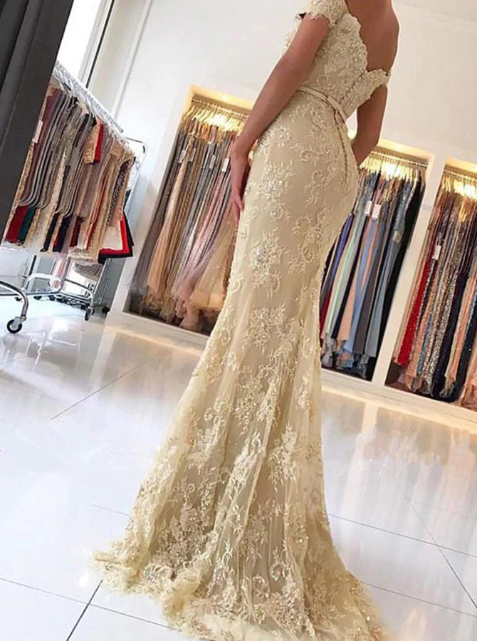 chinese dress ladies Mermaid Off-the-shoulder Lilac Long Prom Dress Cheap Beaded Lace Eveni main image 1