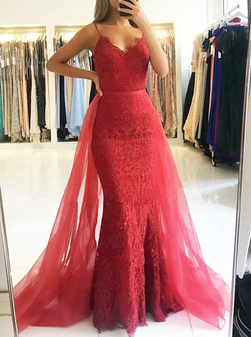 red tulle mermaid prom dress Red Mermaid Prom Dress with Tulle Overskirt,Stunning Evening Dress,PD00422