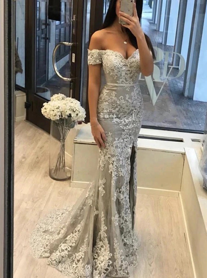 Off the Shoulder Silver Mermaid Prom Dress with Slit,PD00479, US12 / Dark Navy Off the Shoulder Silver Mermaid Prom Dress with Slit,PD00479, US12 / Dark Navy