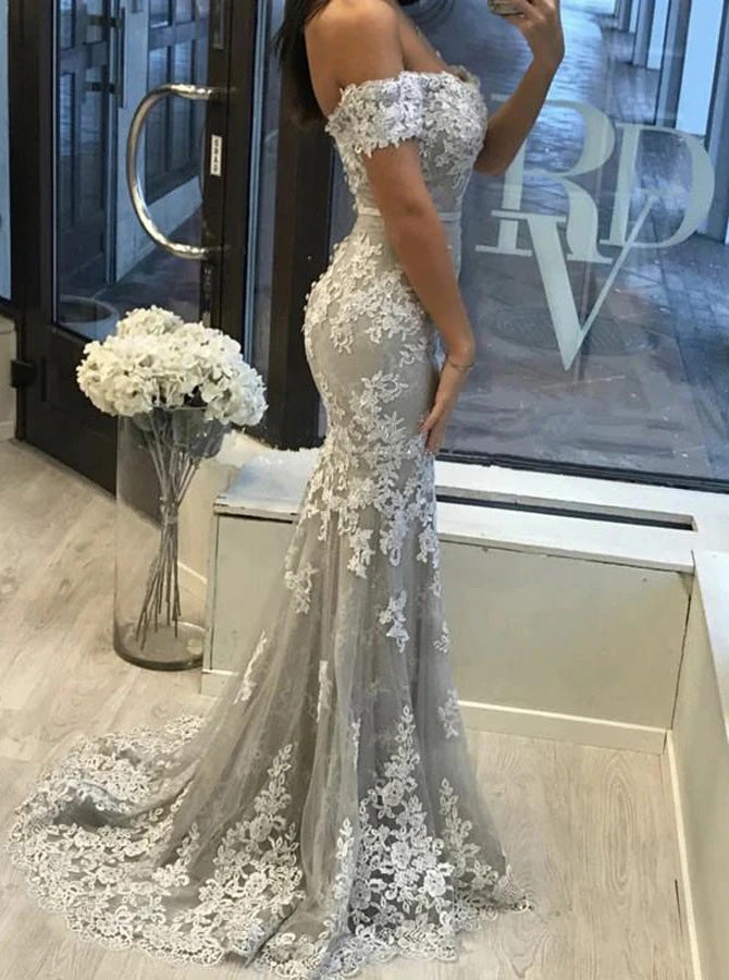 Off the Shoulder Silver Mermaid Prom Dress with Slit,PD00479, US12 / Dark Navy Off the Shoulder Silver Mermaid Prom Dress with Slit,PD00479, US12 / Dark Navy