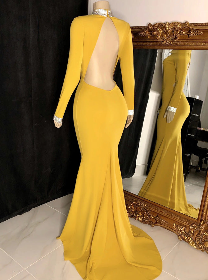 High Neck Long Sleeves Evening Dress,Yellow Long Party Dresses with Cu - Wishingdress High Neck Long Sleeves Evening Dress,Yellow Long Party Dresses with Cu - Wishingdress