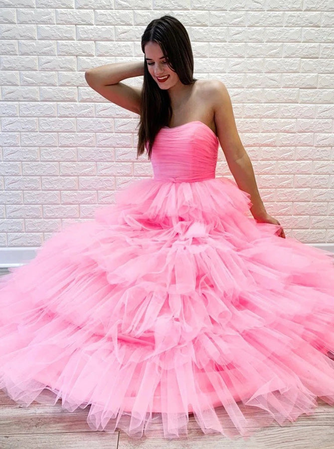 Princess Pink Prom Dress,Strapless Ruffle Skirt Dress,PD00497