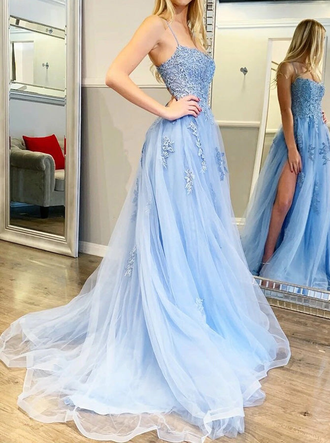Light SkyBlue Tulle Party Dress with Slit,A-line Prom Dress,PD00498, US22W / Turquoise Light SkyBlue Tulle Party Dress with Slit,A-line Prom Dress,PD00498, US22W / Turquoise