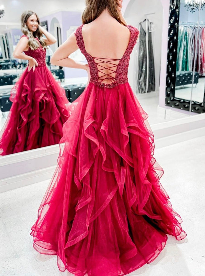 Burgundy Prom Dress with Lace Up,Flounce Skirt Long Party Dress,PD00500, US12 / Royal Blue Burgundy Prom Dress with Lace Up,Flounce Skirt Long Party Dress,PD00500, US12 / Royal Blue