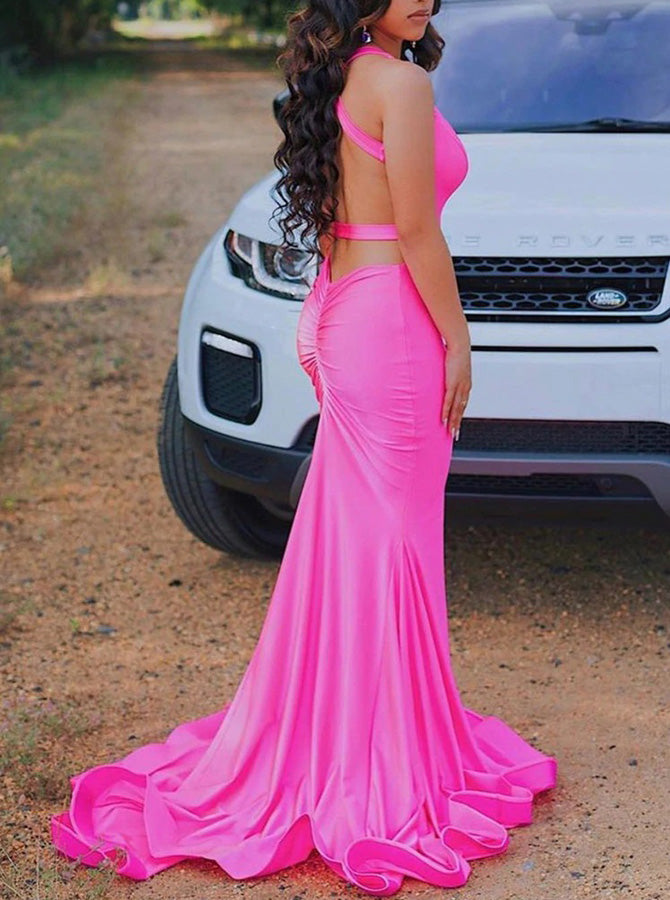 Fitted Hot Pink Prom Dress,Open Back Evening Dress,PD00506