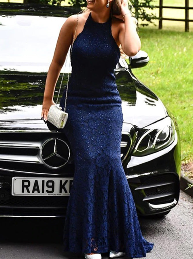 Dark Navy Lace Prom Dress,Sheath Halter Neckline Evening Dress,PD00507, US12 / Royal Blue Dark Navy Lace Prom Dress,Sheath Halter Neckline Evening Dress,PD00507, US12 / Royal Blue