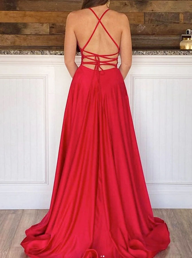 green emerald velvet dress Simple A-Line Long Prom Dress Evening Dress with Pocket PG523 US8 / Red main image 1