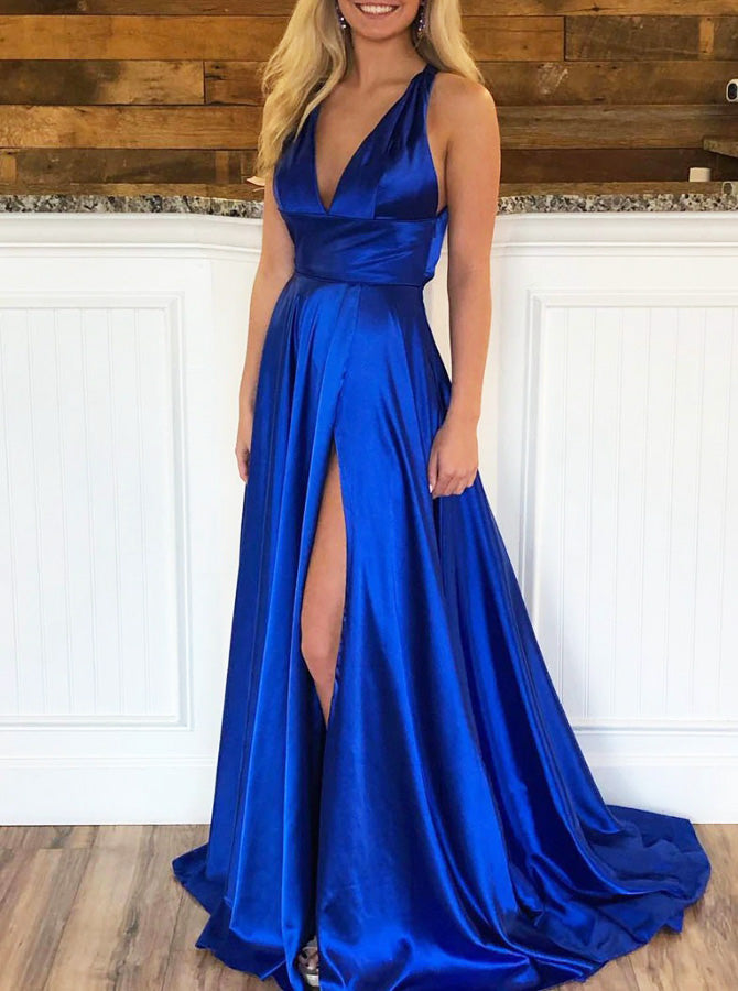 blue satin prom dress BABARONI BABARONI Satin Royal Blue Prom Dresses A-line Sweetheart Sleeveless Bow, Royal Blue / US0