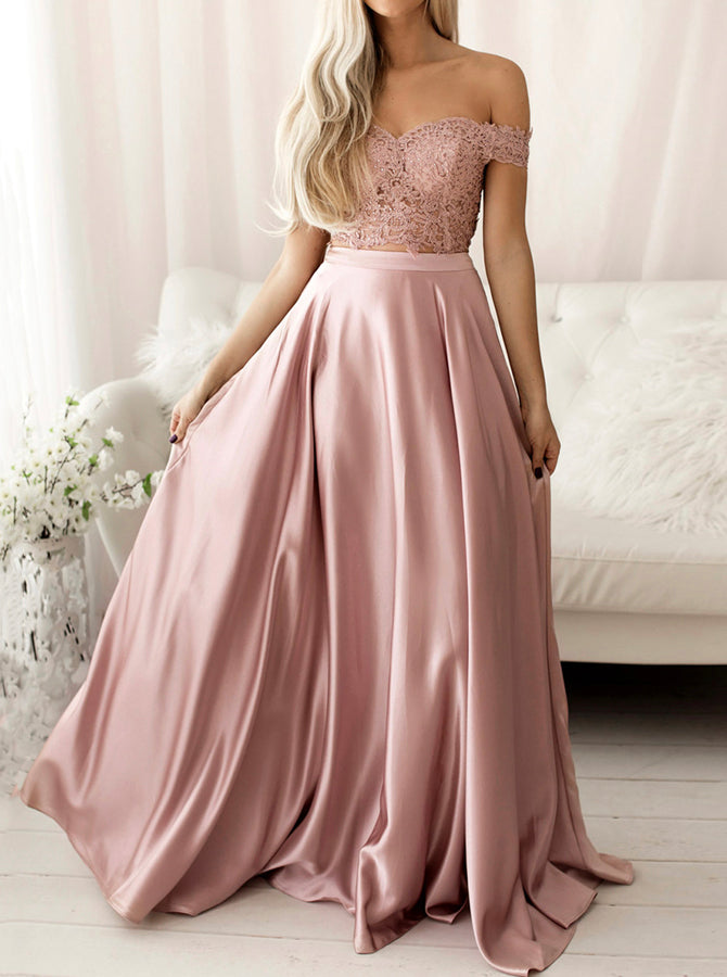 pink two piece dress Dusty Pink Two Piece Prom Dress,Off the Shoulder Bridesmaid Dress,PD00526, US18W / Red