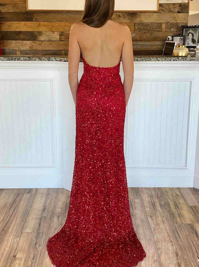 strapless open back dress Red Sheath Sequin Prom Dress,Halter Open Back Prom Dress,PD00523, US2 / Red