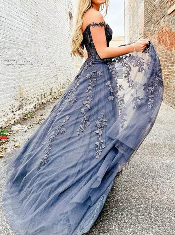 Grey A-line Tulle Prom Dress,Floral Appliques Off the Shoulder Dress,P - Wishingdress Grey A-line Tulle Prom Dress,Floral Appliques Off the Shoulder Dress,P - Wishingdress