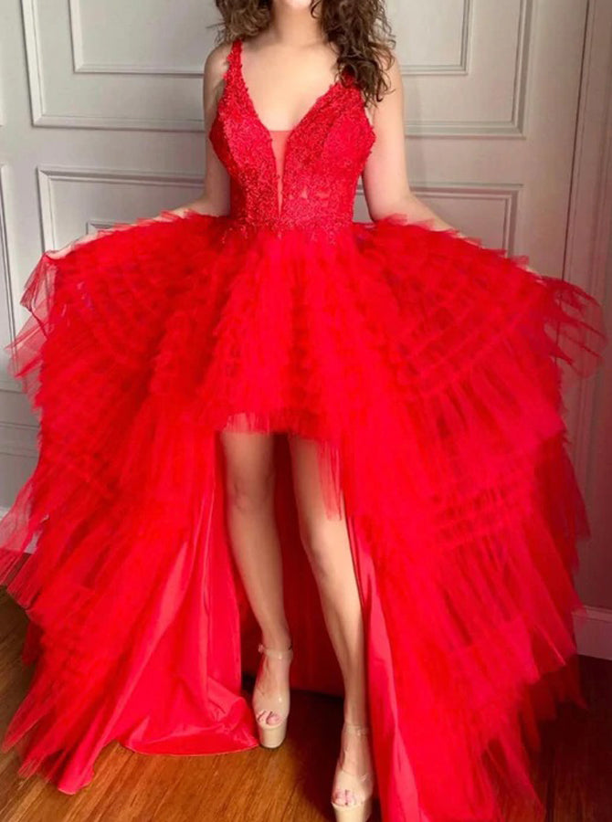 Tiered Skirt High Low Dress,Red V-neck Tulle Formal Dress,PD00538, US10 / Champagne Tiered Skirt High Low Dress,Red V-neck Tulle Formal Dress,PD00538, US10 / Champagne