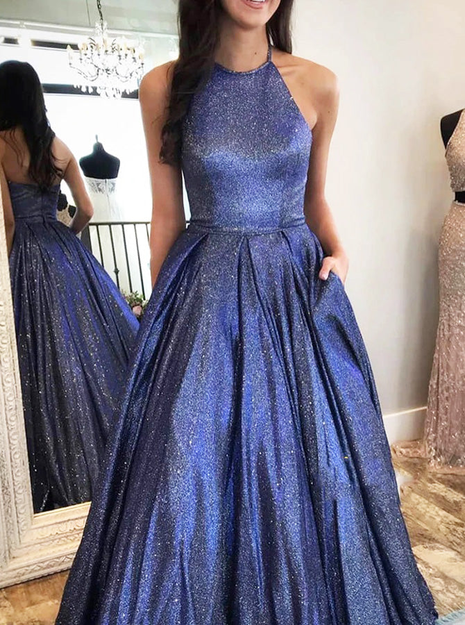 halter prom dress with pockets Halter Sleeveless High Waist Long Formal Dress With Pocket Pleated