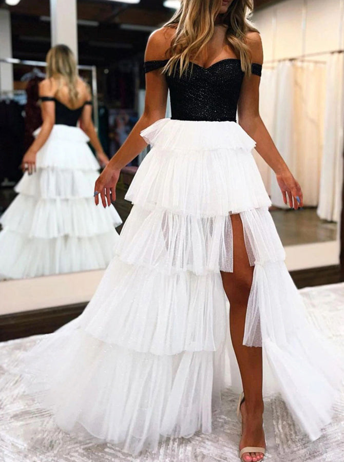 Tiered Skirt Long Party Dress,Off the Shoulder Prom Dress with Slit,PD