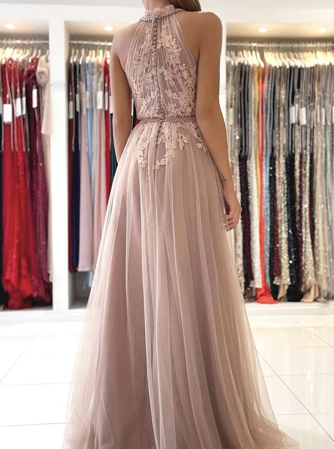 Dusty Pink Tulle Prom Dress,High Neck Floral Lace Appliques Formal Gow - Wishingdress Dusty Pink Tulle Prom Dress,High Neck Floral Lace Appliques Formal Gow - Wishingdress