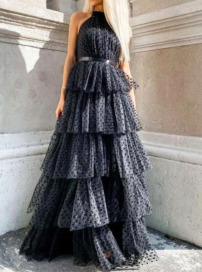 black sparkly dress long Black Halter Neckline Prom Dress,Layered Skirt Tulle Dress,PD00565