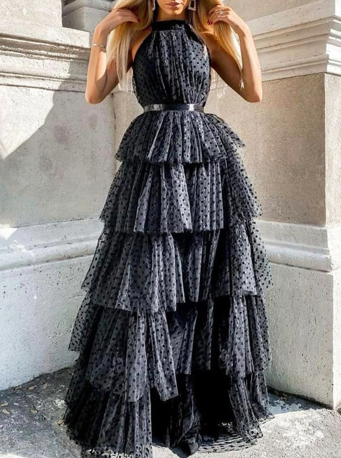 Black Halter Neckline Prom Dress,Layered Skirt Tulle Dress,PD00565