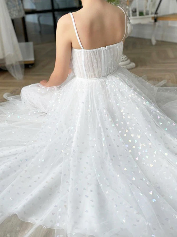 White Tea Length Prom Dress,Dot Tulle Homecoming Dress,PD00570