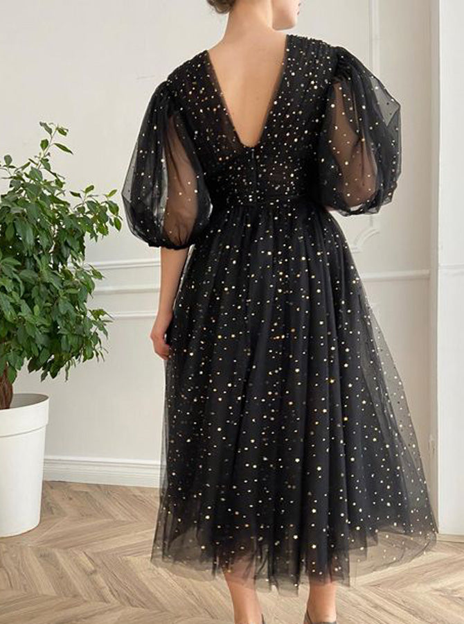 Black Sequin Tea Length Prom Dress,Homecoming Dress with Short Sleeves,PD00571, US22W / White