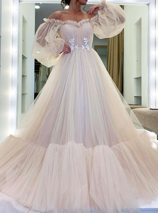 long dress with tulle Off the Shoulder Prom Gown,Floral Waist Tulle Dress With Long Sleeves,PD00581, US24W / Lilac