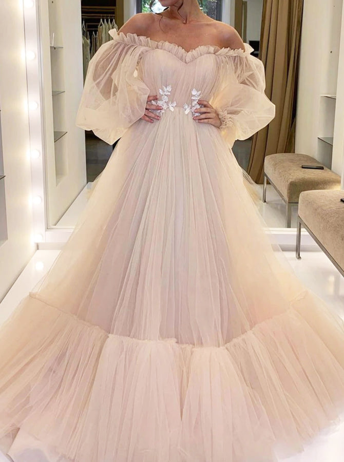 Off the Shoulder Prom Gown,Floral Waist Tulle Dress With Long Sleeves,