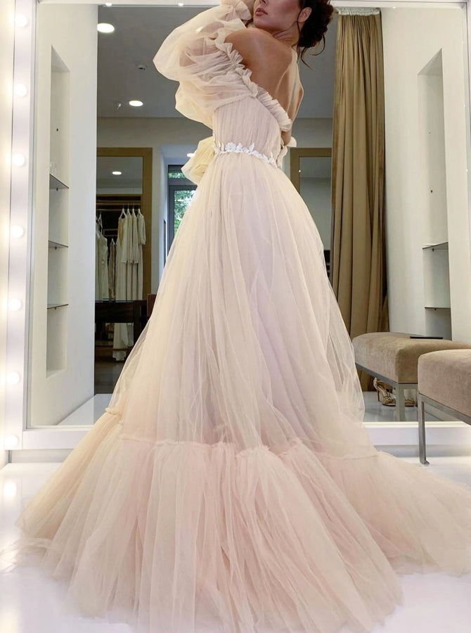 Off the Shoulder Prom Gown,Floral Waist Tulle Dress With Long Sleeves,PD00581, US24W / Lilac