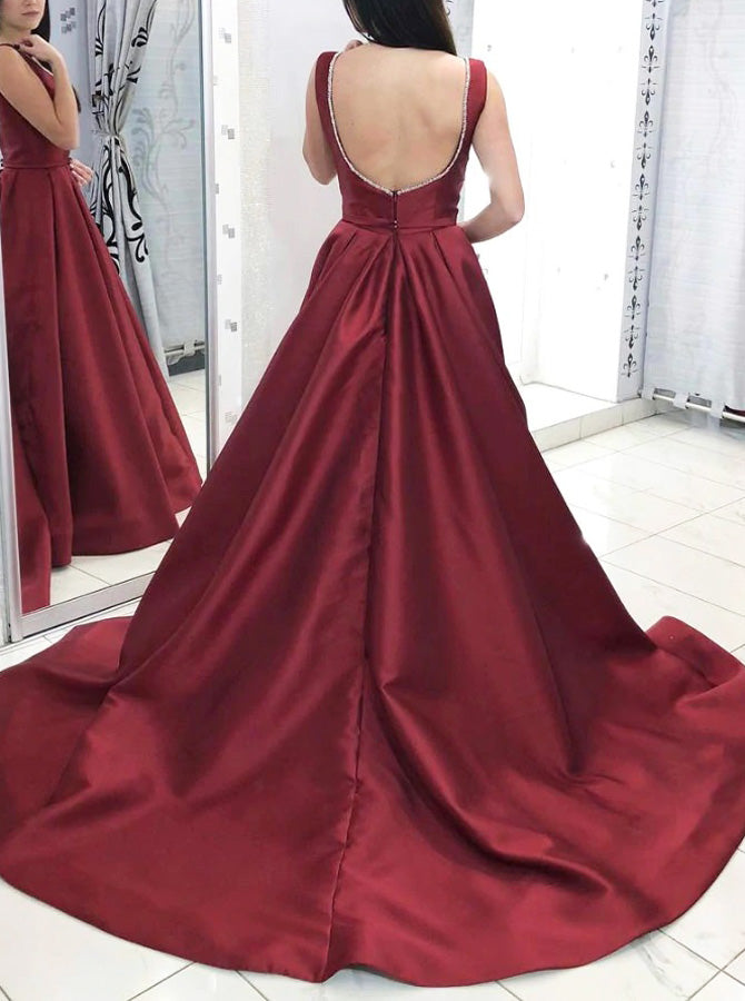 Burgundy Prom Dress,A-line Satin Open Back Formal Dress,PD00585, US16W / Dark Navy Burgundy Prom Dress,A-line Satin Open Back Formal Dress,PD00585, US16W / Dark Navy