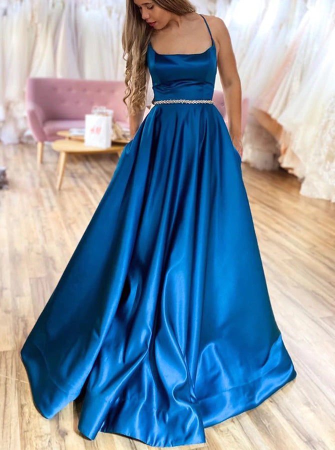 Peacock Blue Satin Prom Dress,Strappy Back with Pockets Prom Gown,PD00586, US16 / Peacock Blue Peacock Blue Satin Prom Dress,Strappy Back with Pockets Prom Gown,PD00586, US16 / Peacock Blue