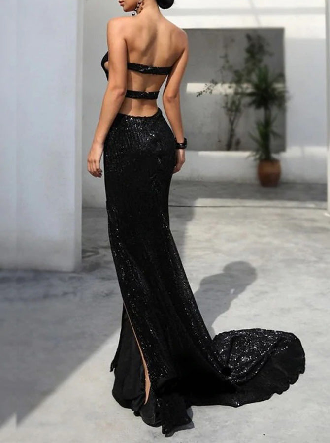 Black Slit Strapless Dress,Backless Sequin Dress,PD00596, US2 / Burgundy Black Slit Strapless Dress,Backless Sequin Dress,PD00596, US2 / Burgundy